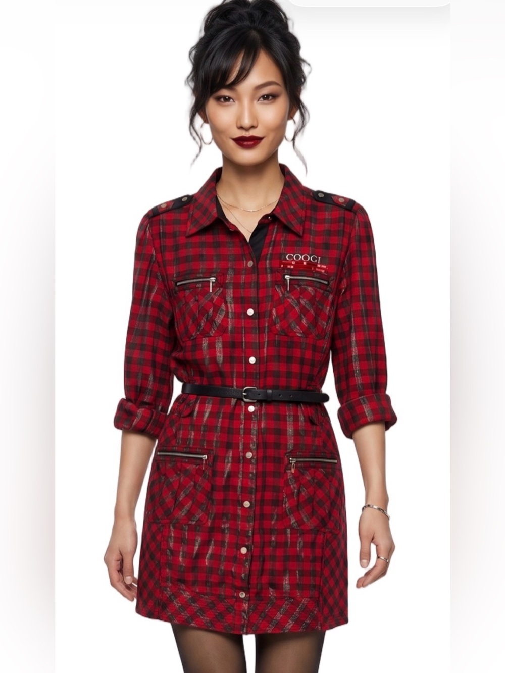 COOGI Red Black Plaid Military mini dress Collar Long sleeve Button front Unique